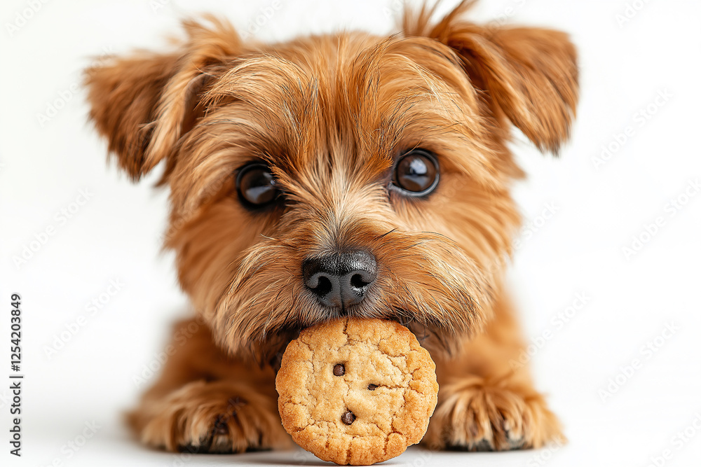 Cute Yorkshire puppy with a cookie, capturing adorable animal and pet charm with playful eyes Cute Yorkshire puppy with a cookie, capturing adorable animal and pet charm with playful eyes