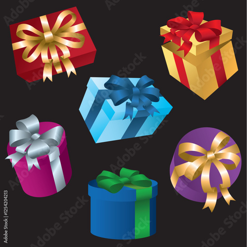 A set of illustrated cartoon gift boxes that are wrapped in wrapping paper and tied with bows. 