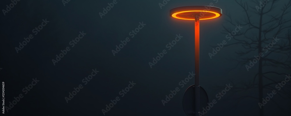 Circular street lamp on a pole, black foggy night, orange light from top, minimalist, low angle, wide-angle lens, soft focus, cinematic quality. Circular street lamp on a pole, black foggy night, orange light from top, minimalist, low angle, wide-angle lens, soft focus, cinematic quality.
