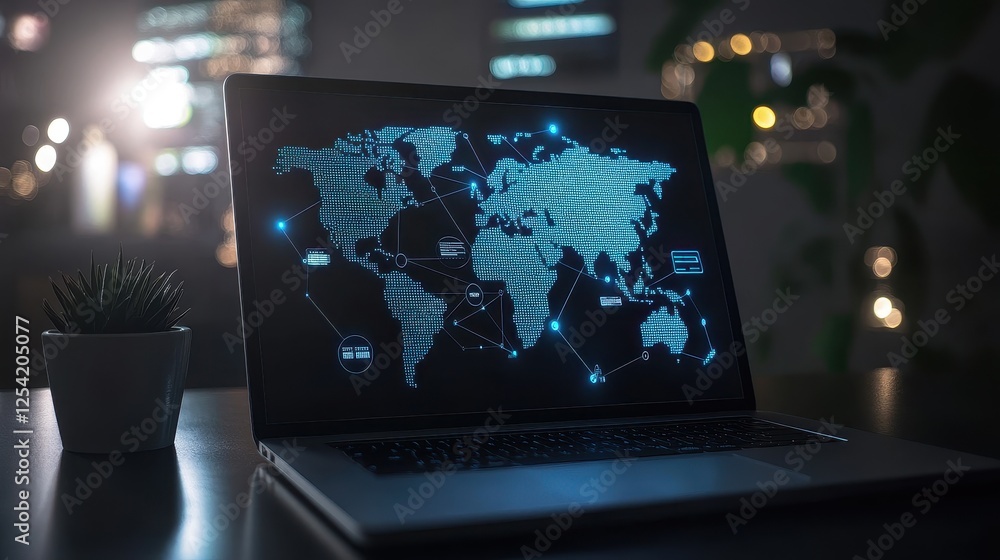 Laptop on a desk displaying a glowing world map with internet links, symbolizing remote work, global business, and online communication, cityscape background. Laptop on a desk displaying a glowing world map with internet links, symbolizing remote work, global business, and online communication, cityscape background.