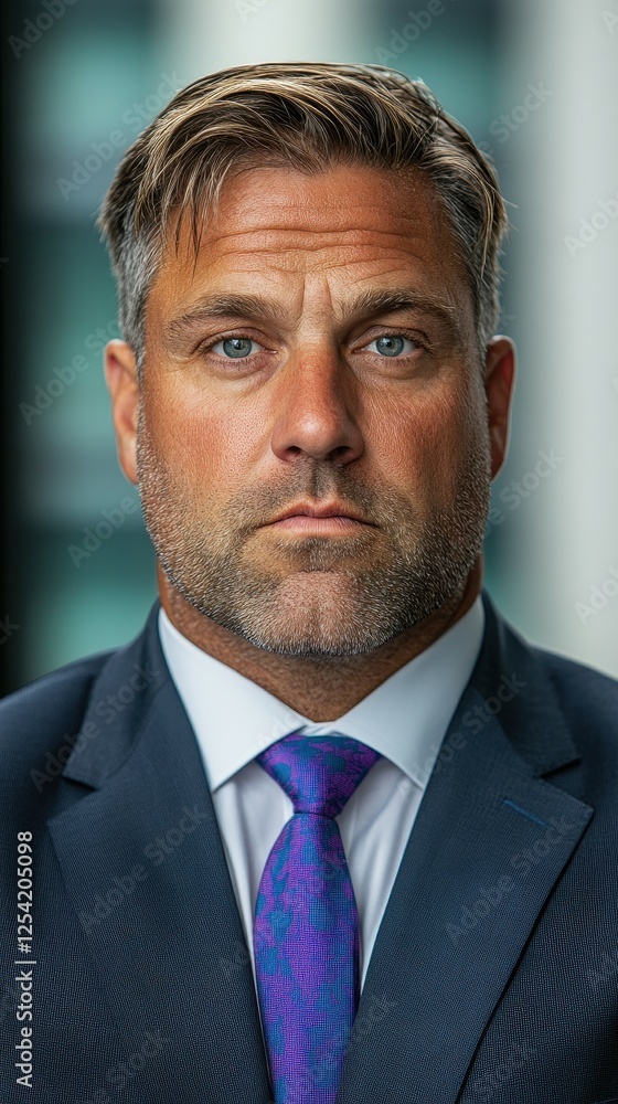 A man wearing a suit and tie with a purple tie. He has a serious look on his face A man wearing a suit and tie with a purple tie. He has a serious look on his face