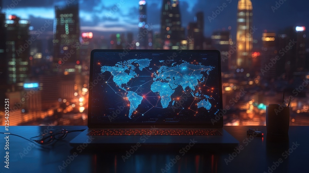Laptop on a desk displaying a glowing world map with internet links, symbolizing remote work, global business, and online communication, cityscape background. Laptop on a desk displaying a glowing world map with internet links, symbolizing remote work, global business, and online communication, cityscape background.