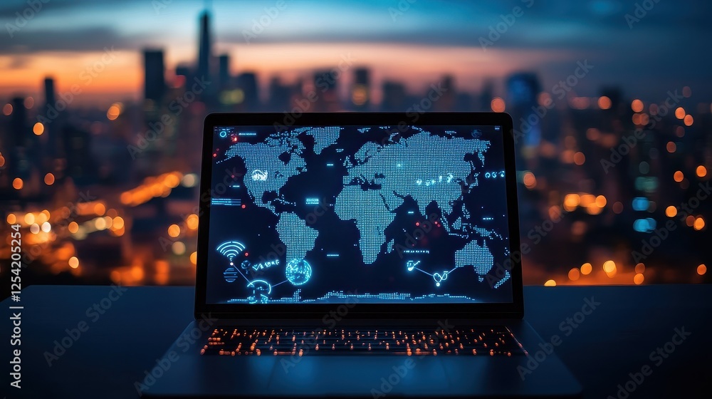 Laptop on a desk displaying a glowing world map with internet links, symbolizing remote work, global business, and online communication, cityscape background. Laptop on a desk displaying a glowing world map with internet links, symbolizing remote work, global business, and online communication, cityscape background.