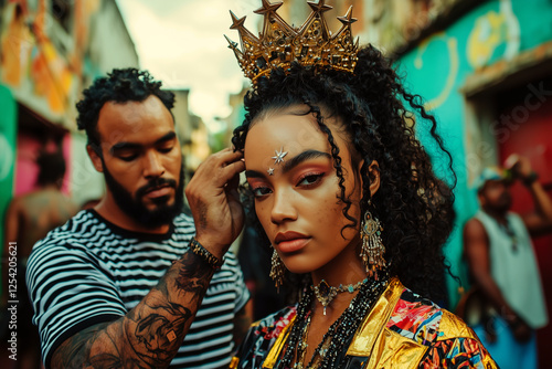 A captivating portrait of a fashion model adorned in gold jewelry and a crown, set against a vibrant urban backdrop. Her curly hair and makeup enhance her beauty, creating a striking image.