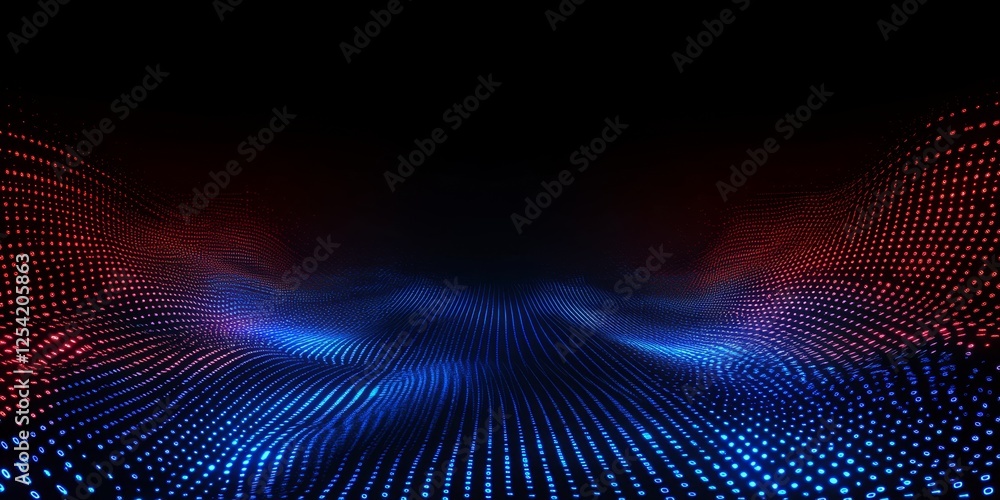 Obraz premium Abstract red blue digital wave, dark background, tech presentation