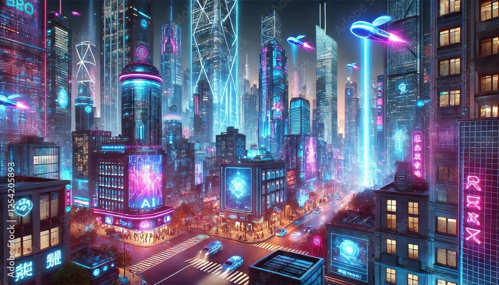 Futuristic Cyberpunk AI City with Neon Lights and Holograms Futuristic Cyberpunk AI City with Neon Lights and Holograms