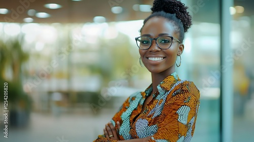 Self-confident and successful African female business woman, looking at the camera, posing in a modern Office space. Professional Portrait for Human Resources, Recruiting, Manager and Management, Lawy photo