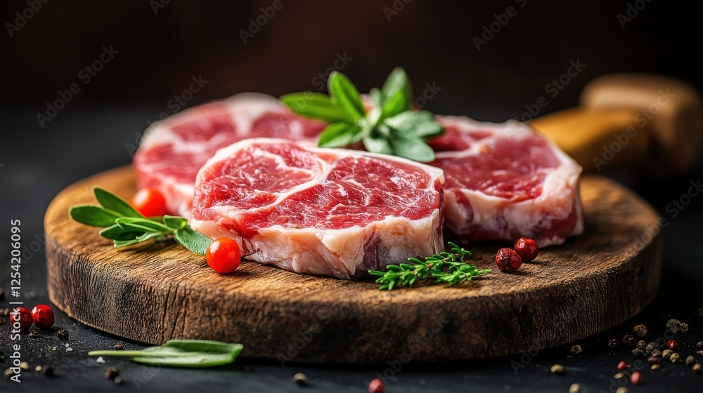 Fresh raw steak slices on wooden board. Culinary food photography Fresh raw steak slices on wooden board. Culinary food photography