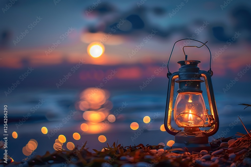 Classic oil lantern on the beach at dusk, moon in the sky, warm summer evening with soft bokeh lights. Classic oil lantern on the beach at dusk, moon in the sky, warm summer evening with soft bokeh lights.