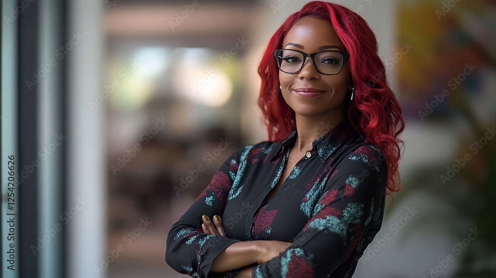 Fototapeta premium Self-confident and successful African female business woman, looking at the camera, posing in a modern Office space. Professional Portrait for Human Resources, Recruiting, Manager and Management, Lawy