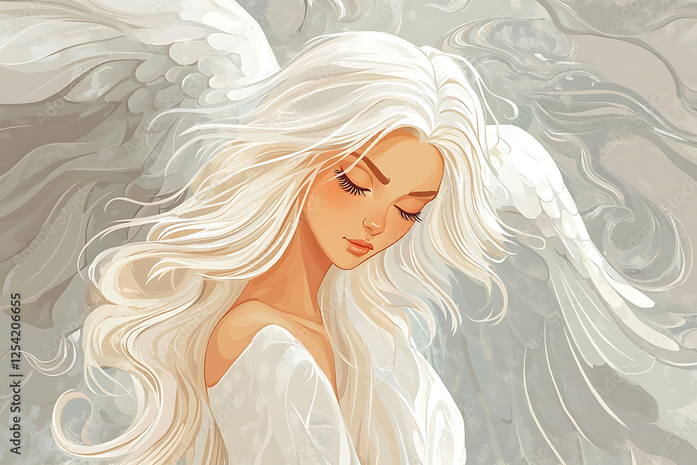 Ethereal angel with flowing white hair and wings, set against a soft, cloudy background Ethereal angel with flowing white hair and wings, set against a soft, cloudy background