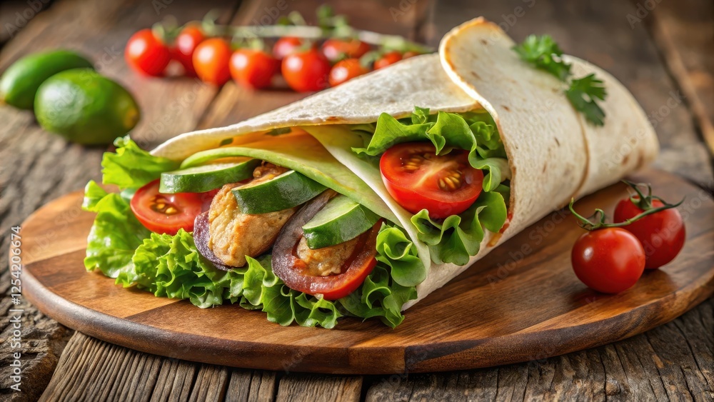 Juicy BBQ chicken wrapped in a crispy tortilla with fresh lettuce, cherry tomatoes, and creamy avocado , lunch Juicy BBQ chicken wrapped in a crispy tortilla with fresh lettuce, cherry tomatoes, and creamy avocado , lunch