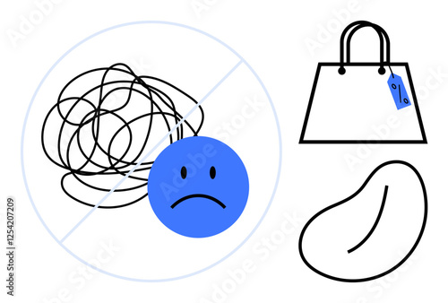 Tangled scribble with frowning face crossed out, shopping bag with tag, and bean shape. Clear mind, better shopping habits, organization, stress relief, simplicity satisfaction mental health. Ideal
