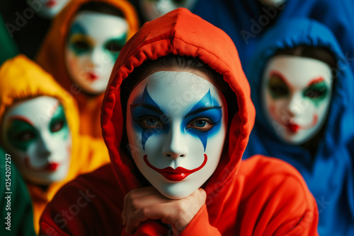 Mysterious Girl in a Crowd: A Captivating Portrait of Hidden Identities and Colorful Masks