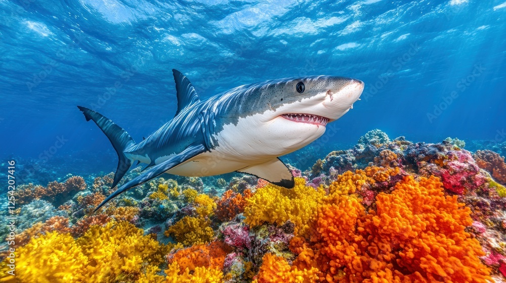 Fototapeta premium Great white shark in coral reef. Underwater marine wildlife