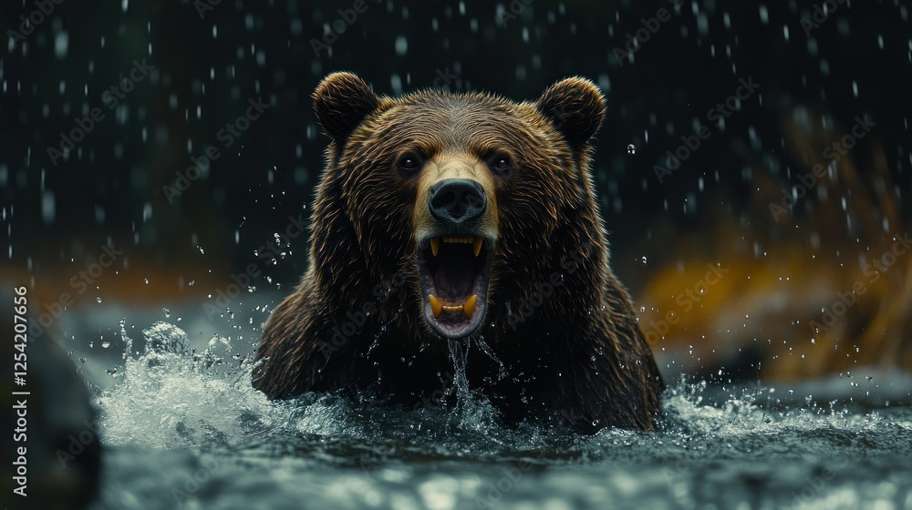 Grizzly bear emerging from water, rain forest background, wildlife encounter Grizzly bear emerging from water, rain forest background, wildlife encounter