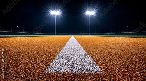 An abandoned baseball field at night, bright stadium lights casting stark shadows on the neatly raked dirt and perfectly lined bases photo