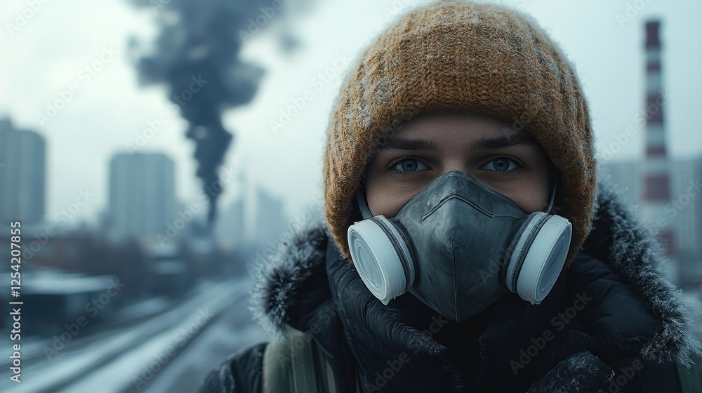 Woman wearing a pollution mask in a polluted city. Woman wearing a pollution mask in a polluted city.