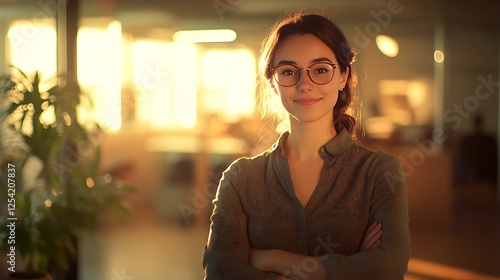 Self-confident and successful female business woman, looking at the camera, posing in a modern Office space. Professional Portrait for Human Resources, Recruiting, Manager and Management, Lawyer or Co photo