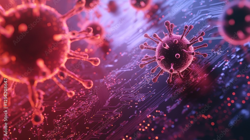 Microscopic view of virus cells merging with circuit board elements, futuristic AI-powered virus concept, glowing lights and digital interface, isolated with copy space for sci-fi technology impact. Microscopic view of virus cells merging with circuit board elements, futuristic AI-powered virus concept, glowing lights and digital interface, isolated with copy space for sci-fi technology impact.