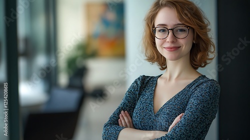 Self-confident and successful female business woman, looking at the camera, posing in a modern Office space. Professional Portrait for Human Resources, Recruiting, Manager and Management, Lawyer or Co photo