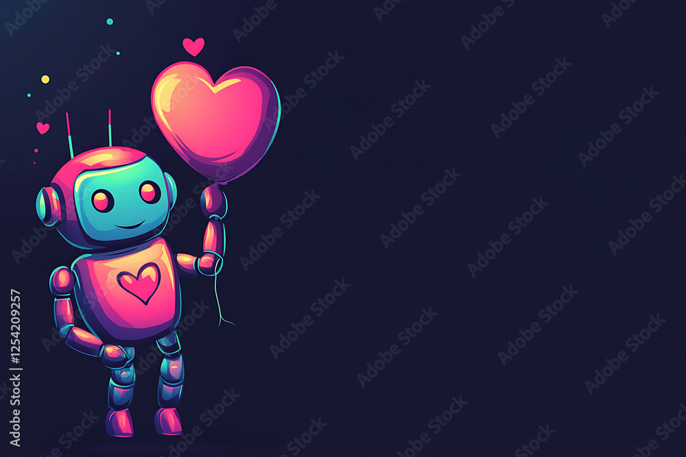 Fototapeta premium A colorful cartoon robot holding a heart-shaped balloon against a dark background, symbolizing love