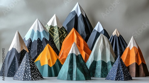 A colorful arrangement of paper mountains in various shapes and sizes, showcasing creativity.