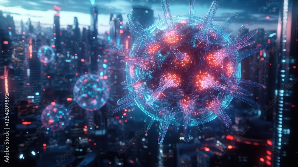 Microscopic view of virus, futuristic AI-powered virus concept, glowing lights and digital interface, isolated with copy space for sci-fi technology impact, on cityscape background. Microscopic view of virus, futuristic AI-powered virus concept, glowing lights and digital interface, isolated with copy space for sci-fi technology impact, on cityscape background.