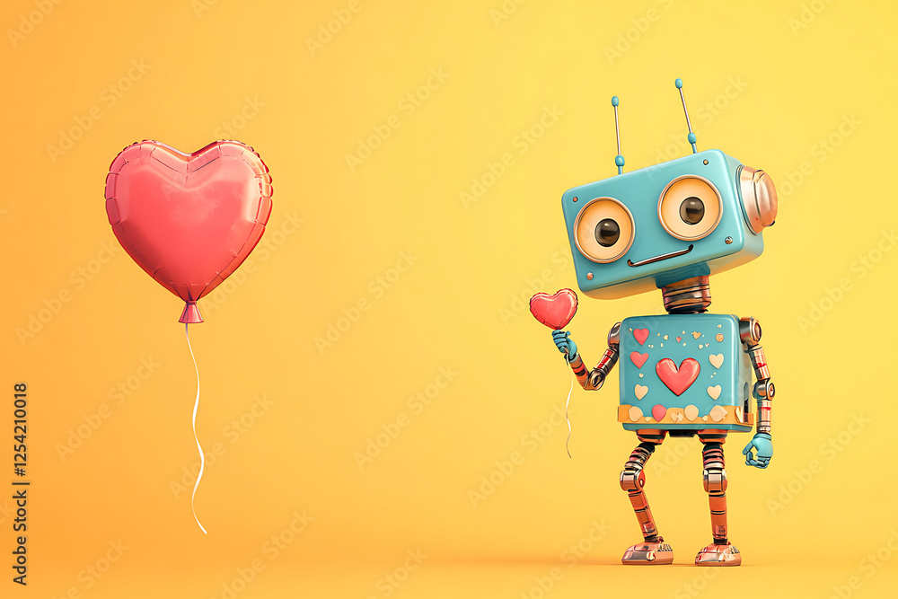 Fototapeta premium Colorful robot holding a heart-shaped balloon in a cheerful setting with a bright yellow background