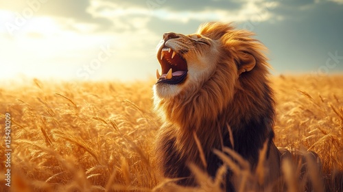 Lion roaring in golden wheat field, majestic wildlife, nature scene, perfect for screensaver or poster, use for conservation photo