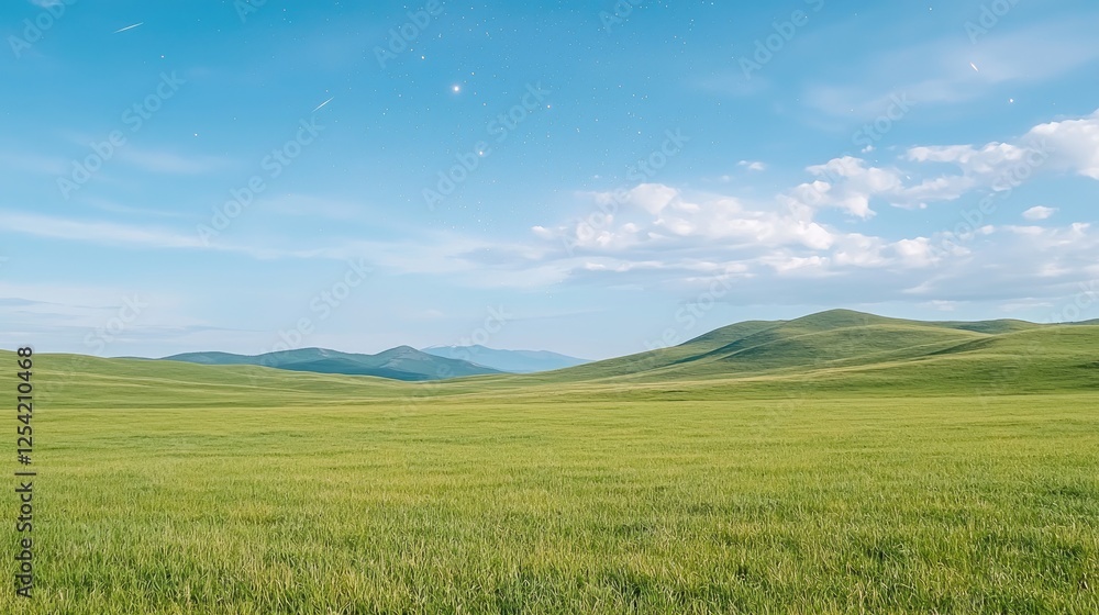 Fototapeta premium Expansive grassy plains under a clear sky. Possible use for nature backdrop