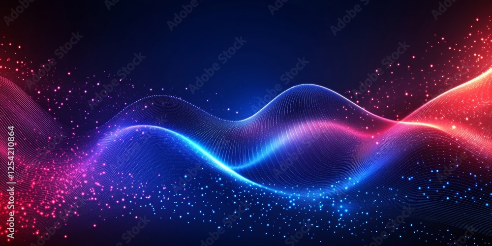 Obraz premium Red blue digital wave flow, dark background, particle effect, tech design