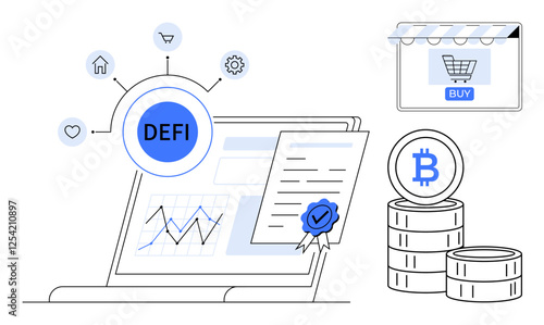 Laptop with charts, digital contract, DeFi connections to various sectors, Bitcoin stacks, and online shopping icon. Ideal for finance, blockchain, crypto, e-commerce technology innovation digital