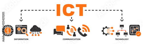 Information and Communications Technology (ICT) Banner with icon of antenna, radio, network, website, database, cloud, server, data, electronic, and processor 