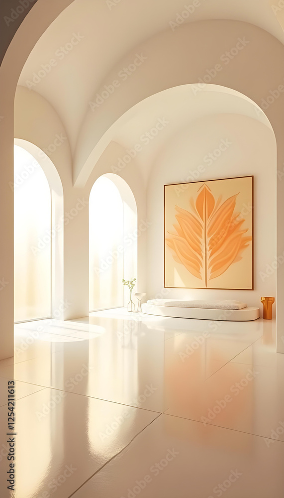 Fototapeta premium A bright, minimalist interior space featuring large arched windows allowing natural light to flood in. The walls are white, and there is a large artwork of an orange leaf on the wall.