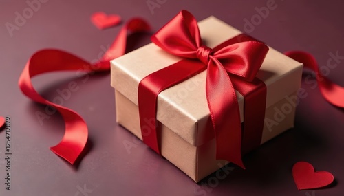 Red silk ribbon tied around a beautifully wrapped gift box, gift, box photo