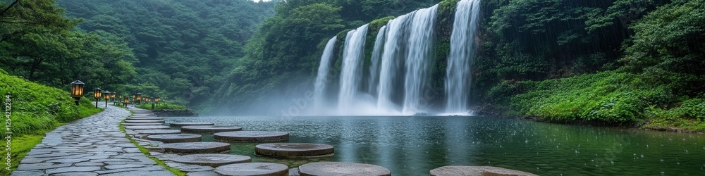 Majestic Waterfall in Lush Green Forest with Stone Pathway and Misty Atmosphere Perfect for Nature Photography Adventure Eco Tourism in Serene Landscape Setting Majestic Waterfall in Lush Green Forest with Stone Pathway and Misty Atmosphere Perfect for Nature Photography Adventure Eco Tourism in Serene Landscape Setting