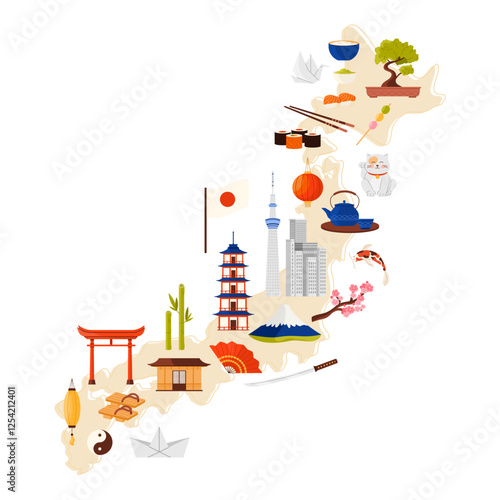 Travel to Japan set, culture elements and landmarks, food in infographic map. Itsukushima Shrine and Mount Fuji, Tokyo skyscrapers and Japanese traditional houses, origami cartoon vector illustration