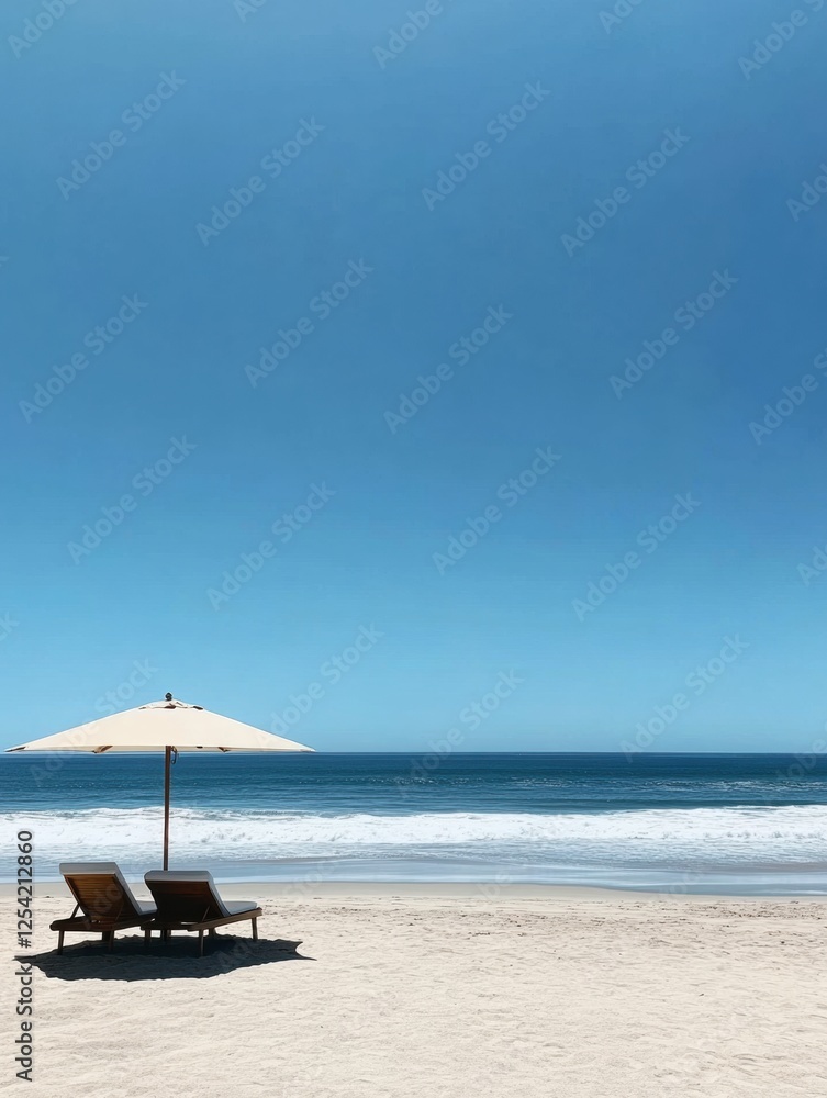 Fototapeta premium Relaxing at a minimalistic beach with lounge chairs and gentle ocean waves under a clear blue sky. Generative AI