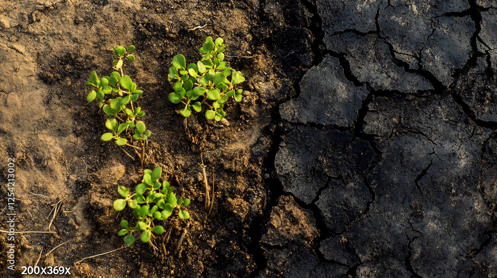 Small plants emerging from dry and cracked soil contrasting between life and arid land symbolizing hope and nature’s resilience
Small plants emerging from dry and cracked soil contrasting between life and arid land symbolizing hope and nature’s resilience