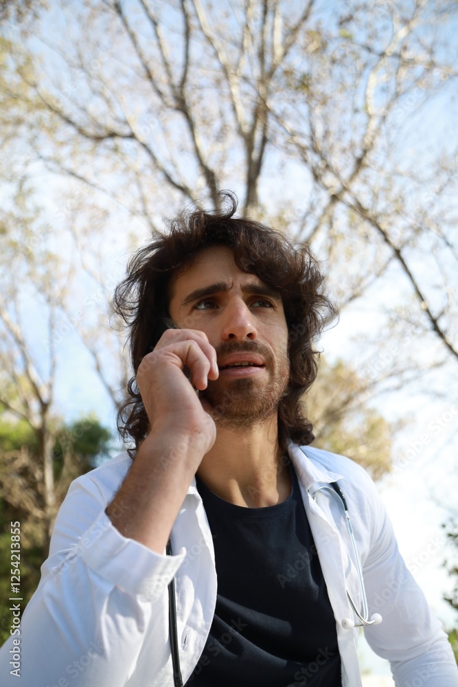 Young Charming Man Doctor Talking On The Phone Sitting In The Park Of Hospital