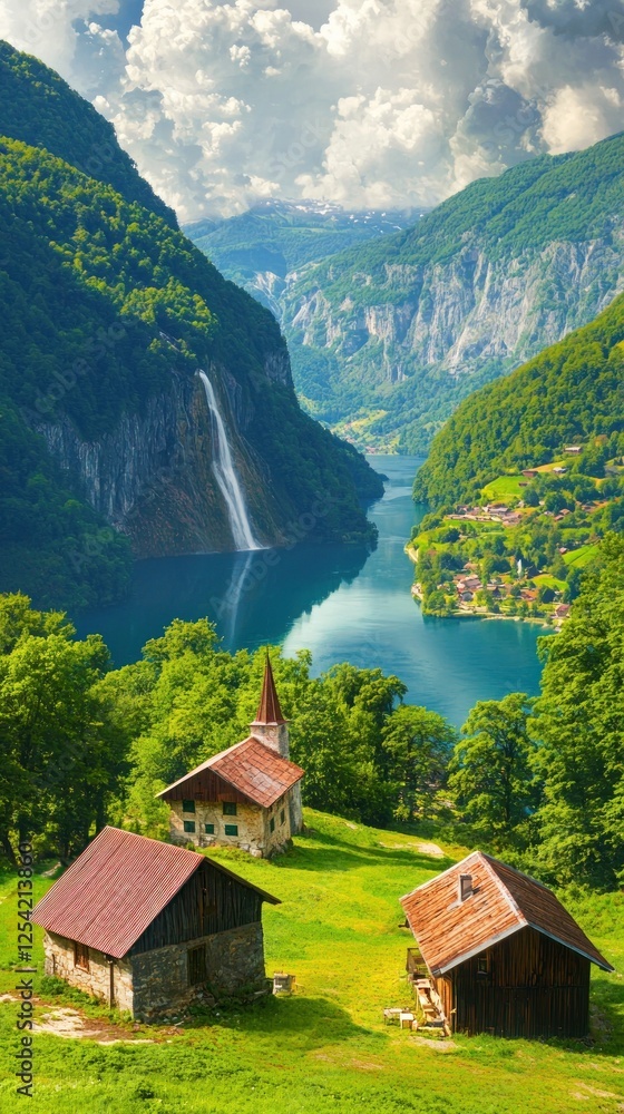 Fototapeta premium Alpine lake village with waterfall