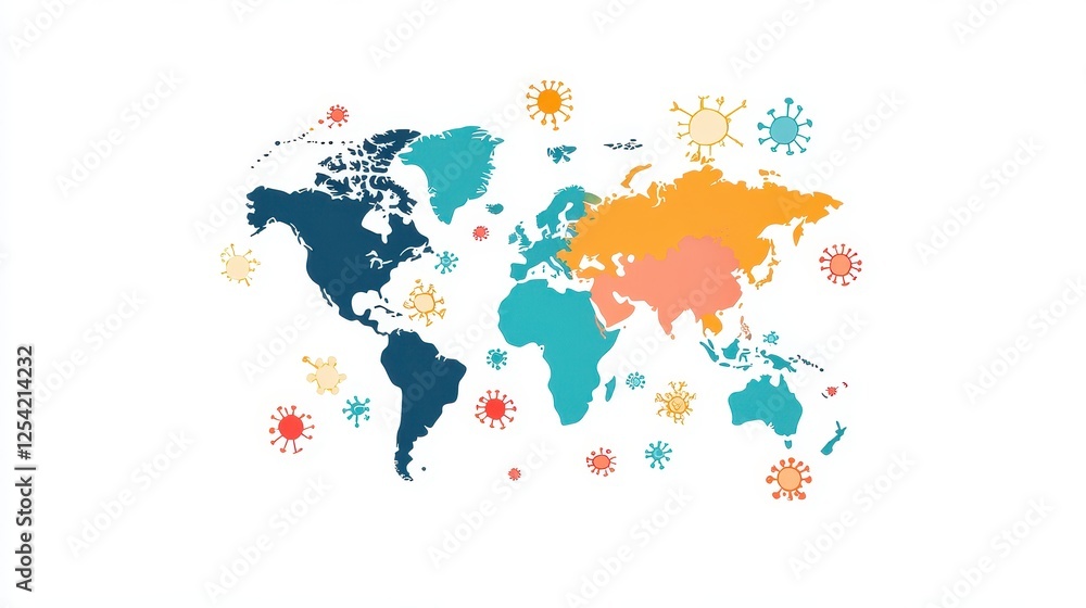 Fototapeta premium Virus floating on world map flat design front view, Epidemiology illustration Front view Bright.