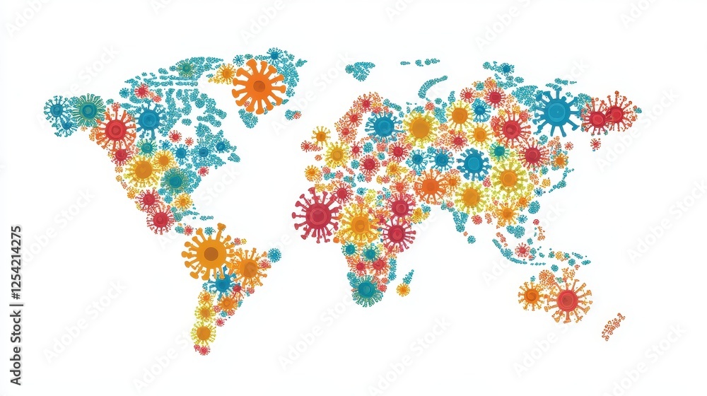 Fototapeta premium Virus floating on world map flat design front view, Epidemiology illustration Front view Bright.