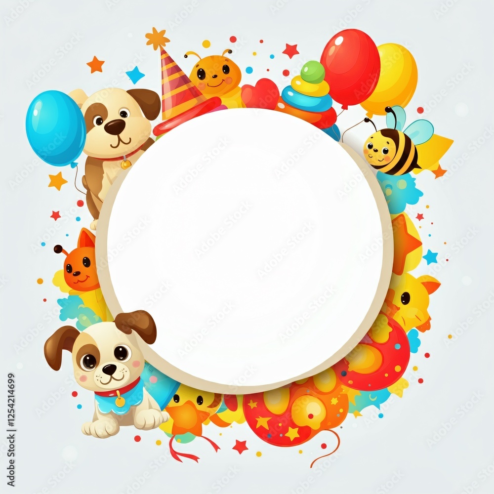 Colorful Balloons and Cute Animals in a Festive Party-Themed Background with a Blank Space for Text Colorful Balloons and Cute Animals in a Festive Party-Themed Background with a Blank Space for Text
