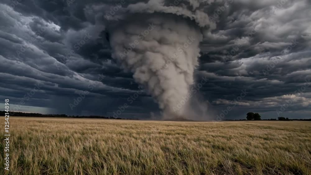 Imposing Dark Tornado Funnel Cloud Over a Golden Prairie Field Imposing Dark Tornado Funnel Cloud Over a Golden Prairie Field
