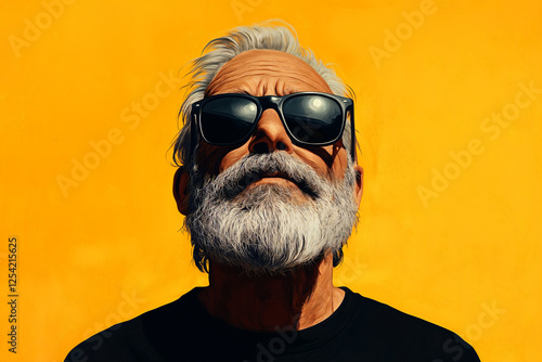 Photorealistic image of an elderly man in sunglasses, with a long gray beard and mustache, wearing a black t-shirt, on a yellow background, looking upwards 