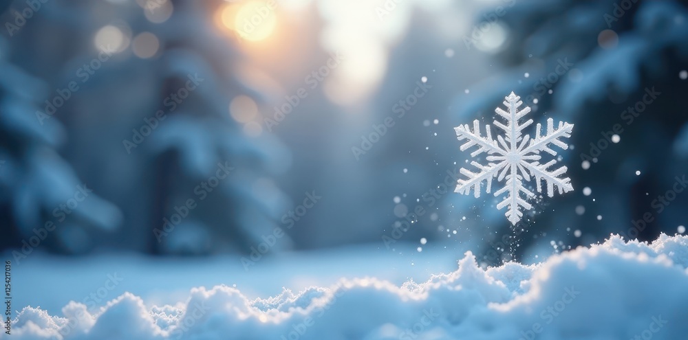 Single snowflake falling against blurred winter background, holiday, peaceful Single snowflake falling against blurred winter background, holiday, peaceful