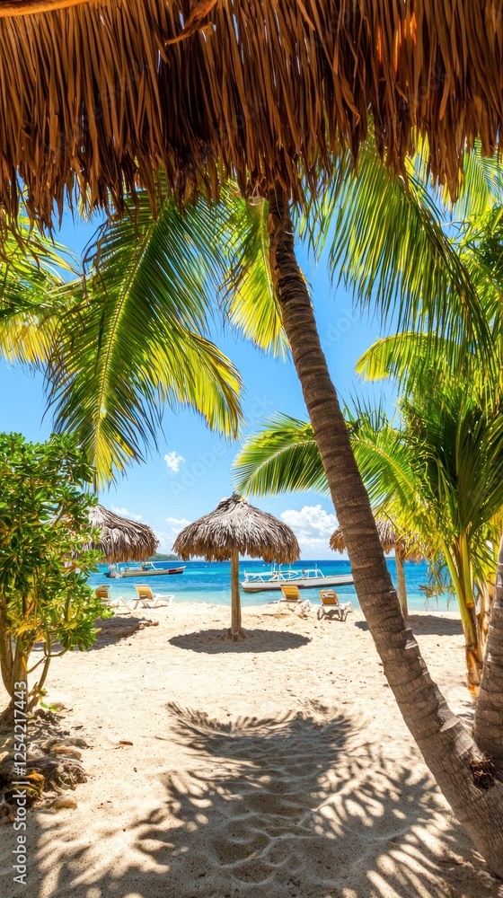 Obraz premium Tropical beach umbrellas under palm trees