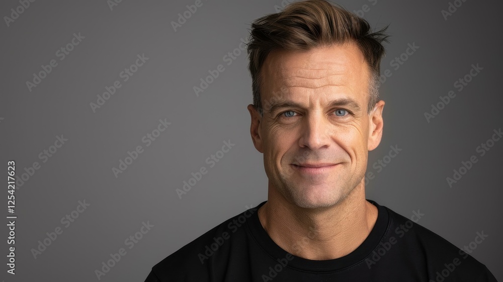 Portrait of a joyful midaged man smiling directly at the camera, set against a sleek gray studio backdrop. Portrait of a joyful midaged man smiling directly at the camera, set against a sleek gray studio backdrop.